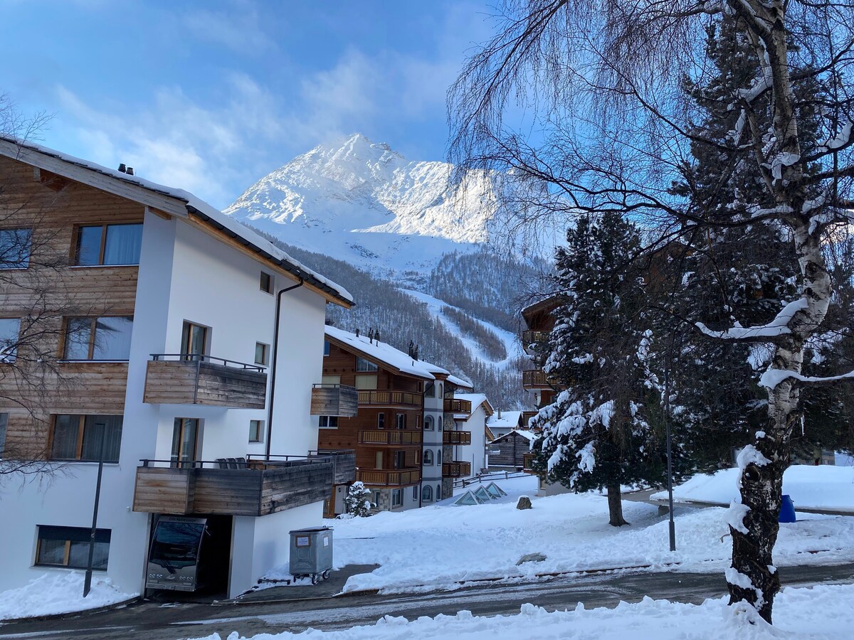 Snow-covered village with mountain backdrop