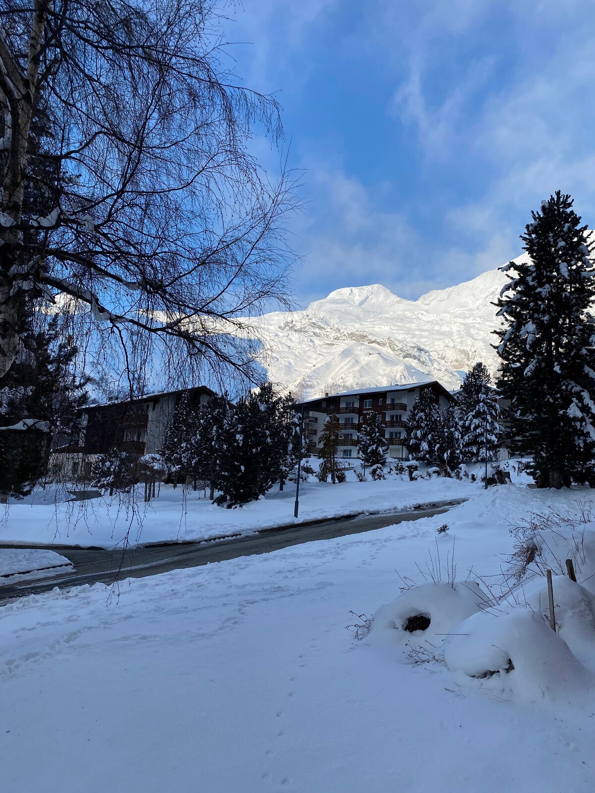 Winter path with mountain panorama