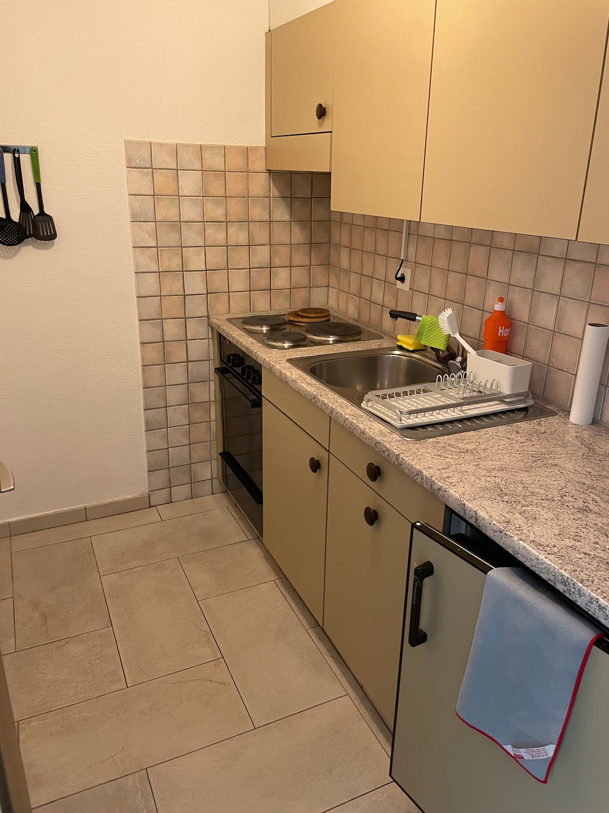 Kitchenette with stovetop and fridge